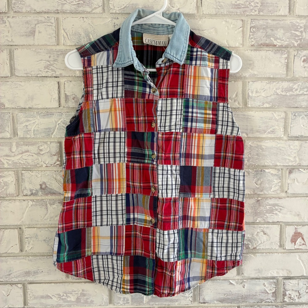 Casey & Max Womens Medium Patchwork Plaid Sleeveless Button Down Denim Top